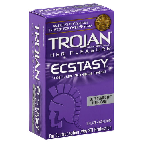 For contraception plus STI protection. America's No. 1 condom trusted for over 90 years. Triple tested Trojan quality. Feels like nothing's there! Latex condoms are intended to prevent pregnancy, HIV/AIDS, and other sexually transmitted infections. www.trojancondoms.com. Trojan Her Pleasure Ecstasy Condoms feature a revolutionary design that lets you feel the pleasure, not the condom! Textured for female stimulation. Comfort shape allows freedom of movement for a more natural experience. Tapered at the base for a secure fit. UltraSmooth Premium Lubricant inside and out for a more natural feel. Made from premium quality latex - To help reduce the risk. Each condom is electronically tested - To help ensure reliability. Always insist on Trojan - America's No. 1 condom. Trusted for over 90 years. Questions, Comments? Write to: Church & Dwight Consumer Relations, 469 North Harrison St., Princeton, NJ 08543. Please enclose this flap. Made in USA.