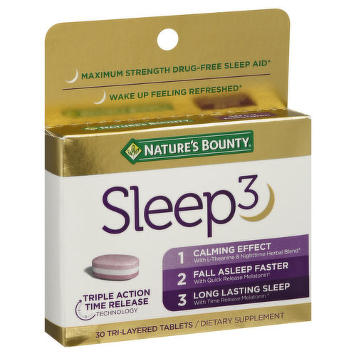 Dietary Supplement. No artificial flavor. No artificial flavor, no artificial sweetener, no preservatives, no sugar, no starch, no milk, no lactose, no soy, no gluten, no wheat, no yeast, no fish. Sodium free. Suitable for vegetarians. Non-GMO. Nature's Bounty Sleep3 is a triple, action, 100% drug-free sleep aid. Each tablet leverages time-release technology to dissolve each layer at different times throughout the night to help you relax and get a good night's sleep so you can wake up ready to take on the day. Melatonin plays a vital role in the maintenance of circadian rhythm sleep-wake cycle, sleep induction and sleep duration. L-Theanine interacts with the neurotransmitter GABA, to support a calm and relaxed mood. Our proprietary nighttime herbal blend includes chamomile, lavender, lemon balm and valerian root extracts. 3 Benefits in One Pill: Benefit 1: Calming L-Theanine combined with a blend of nighttime herbs chamomile, lavender, lemon balm and valerian root extracts to help you relax and unwind. Benefit 2: Quick release melatonin helps you all asleep fast. Benefit 3: Time release melatonin works with your body's natural sleep cycle to help you stay asleep. Nearly 50 years of trusted quality. At Nature's Bounty, we are committed to your health. For nearly 50 years we have been making trusted products, backed by science, and made with only the purest ingredients - guaranteed. So you can get the most out of life every day. For occasional sleeplessness. Laboratory tested. Guaranteed quality. NaturesBounty.com. Nutrition questions or comments? Call 1-800-433-2990 Mon - Sat 9 AM - 7 PM ET. Sign up for news and offers at NaturesBounty.com. (These statements have not been evaluated by the food and drug administration. This product is not intended to diagnose, treat, cure or prevent any disease.) Made in the USA with select ingredients from around the world.