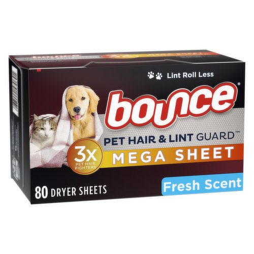 Bounce Pet & Lint Pet Hair and Lint Guard Mega Dryer Sheets with 3X Pet Hair Fighters, Fresh Scent, 80 Count