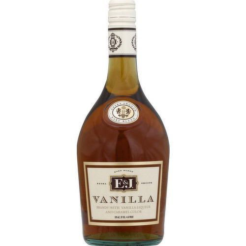 Brandy with vanilla liqueur and caramel color. Extra smooth. Rare blend. From the makers of America's most preferred brandy comes E & J Vanilla, a smooth, balanced brandy with vanilla liqueur that delivers a unique twist on a time-honored classic. A sweet, smooth vanilla flavor with notes of caramel, E & J Vanilla finishes smooth and is best served over ice or with your favorite mixer. www.ejbrandy.com. Follow us on Facebook, Instagram or Twitter. 30% alc. by vol (60 proof). Blended and bottled by E & J Distillers, Modesto, CA.