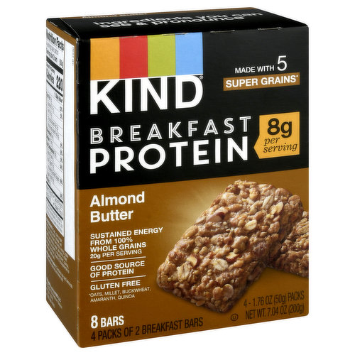 4 packs of 2 breakfast bars. Sustained energy from whole grains 20 g per serving. 8 g protein per serving. 0 g trans fat. 10 g fat per serving. Gluten free. Low sodium. Good source of protein. Non GMO Project verified. nongmoproject.org. No genetically engineered ingredients. Made with 5 super grains (Oats, millet, buckwheat, amaranth, quinoa). Ingredients you can see & pronounce. Do the kind thing for your body, your taste buds & your world. Welcome to the Kind community here at Kind, we think a little differently. Instead of or we say and. We choose healthy and tasty, convenient and wholesome, economically sustainable and socially impactful. This commitment to excellence shines through in everything we do not how we do it. Kindly yours, Daniel Lubetzky, Kind Founder. At Kind, we believe the smallest acts of kindness can change the world, so we're on a mission to make the world a little kinder, one act and one snack at a time. To date, the Kind community has logged 8MM+ Kind acts and counting! Join the Kind movement, and help make the world a little kinder!. kindsnacks.com. Instagram. Twitter. Facebook. (at)kindsnack Tell us your favorites & join the conversation: kindsnacks.com. Learn more at kindsnacks.com. Recycle this carton. FSC Recycled - Packaging. Made in USA with domestic and imported ingredients.