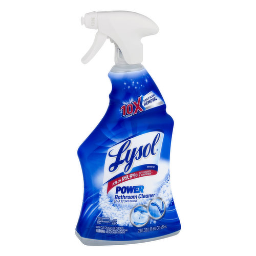 Soap scum & shine. 10x soap scum removal (Vs Lysol beach multi- purpose cleaner on soap scum). Brand III. Kills 99.9 % of viruses & bacteria (Kills 99.9 % of Escherichia coli 0155:H7 salmonella enterica, staphylococcus aureus, Rhinovirus type 39, and rotavirus WA on hard non porous surfaces in 10 minutes). Removes tough soap scum. Leaves your bathroom smelling clean 7 fresh. Tough on scale. Sanitizes bathroom & restroom surfaces in 30 seconds (Kills 99.9 % of enterobacter aerogenes and staphylococcus aureus on hard non- porous surfaces in 30 seconds). Health. Hygiene. Home. www.rbnaninfo.com. Contact Number: Questions? Comments or in case of an emergency. Call toll free 1-800-228-4722. Have the product container or label with you when calling a poison control center, or doctor, or going for treatment. Questions? 1-800-228-4722 for ingredients and other information. www.rbnaninfo.com. Important Facts: Contains no phosphates. This bottle is made of 25 % post- consumer recycled plastic.