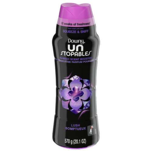 12 weeks of freshness (from wash until wear). Squeeze & sniff. Downy Unstopables go directly into the washer to give a fresh scent boost. Safe for all colors, fabrics and loads. Great for active wear and towels. HE compatible. 12 weeks lasts up to from wash until wear. In-wash scent beads for long-lasting freshness. Lavender. Vanilla. Relaxed.