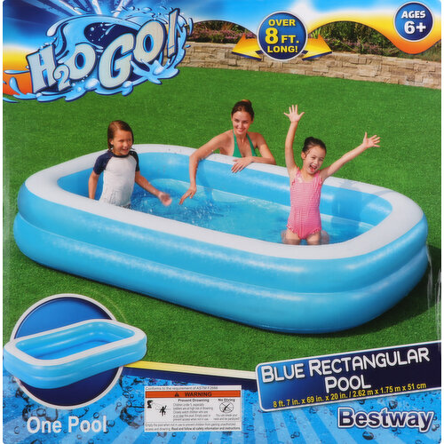 Ages 6+. 8 f.t. 7 in. x 69 in. x 20 in (2.62 m x 1.75 m x 51 cm). Over 8 ft. long! Cool textured pattern. Features: Extra wide side walls. 2 equal rings; Water Capacity: 206 gal. (778 l). Conforms to the requirement of ASTM F2666. www.bestwaycorp.com. Facebook. Instagram. Made in China.