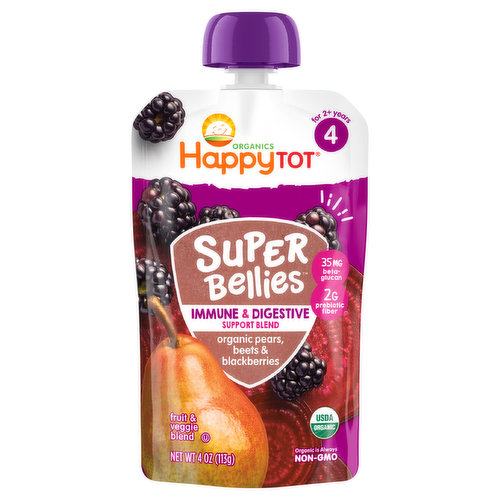 HappyTot Organics Fruit & Veggie Blend, Organic Pears, Beets & Blackberries, Immune & Digestive Support Blend, Super Bellies, 4 (for 2+ Years)