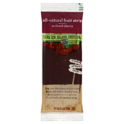 All natural fruit strip. Since 1976. 1/2 serving of fruit each! Dig into life's bowl of cherries! Ruby red and orchard grown, there are cherries aplenty in just one all-natural strip. www.stretchislandfruit.com. All sugar comes naturally from fruit. Diabetic/Diet Exchange: 1 fruit.