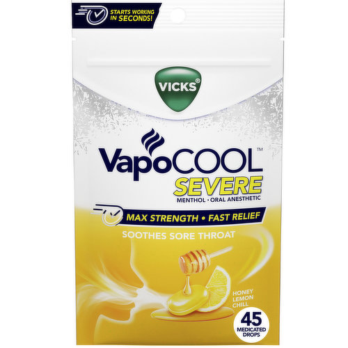 Vicks Severe Vicks VapoCOOL SEVERE Medicated Sore Throat Drops, Honey Lemon Chill Flavor, 45ct