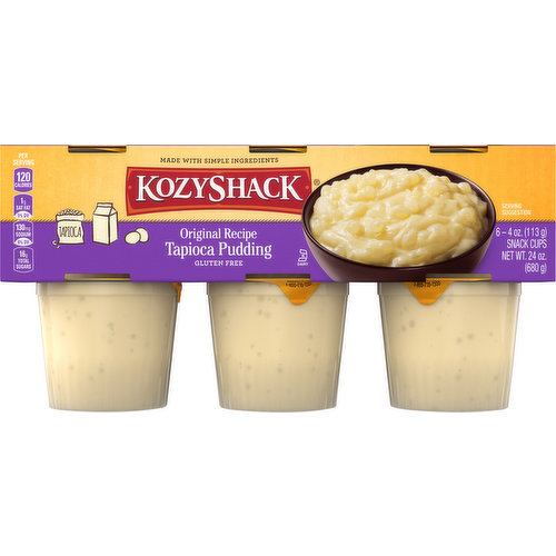 Per Serving: 120 calories; 1 g sat fat (5 DV); 130 mg sodium (6% DV); 16 g total sugars. Gluten free.  Made with simple ingredients. At Koza Shack, we believe that simple ingredients make for better-tasting pudding and desserts. Since 1967, our recipes have used the same wholesome, quality ingredients that you would use in your own kitchen. Simple ingredients. Delicious pudding. kozyshack.com. Facebook. Instagram. Twitter. Comments? 1-855-716-1555. Visit us at kozyshack.com.