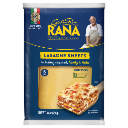 No artificial flavors. Non GMO: Non-Genetically engineered ingredients (This product is made with non-genetically engineered ingredients as process verified by DNV GL. https://www.dnvgl.us.). No GMO ingredients. Over 50 years. Master pasta maker. Verona Italia. Giovanni Rana. Italy's most loved. My Story: I am Giovanni Rana, born near Verona, Italy, and passionate about making pasta for over 50 years. The finest ingredients make my pasta the no 1 refrigerated pasta in Italy (Based on refrigerated pasta sales). My pasta is made using traditional Italian recipes, like a grandmother's. Giovanni Rana. Did you know? In this product there are: No preservatives. No artificial colors. No powdered eggs. 100% cage-free eggs (Eggs from hens not raised in cages). Our Lasagne Sheets are they secret to perfecting any lasagne recipe. Our pasta's special texture means the pasta cooks quickly in the oven, and holds your dish together for the most flavor in each bite. www.giovanniranausa.com. Facebook. Twitter. Instagram. Pinterest. For more information or to contact us call 888-326-2721 or go to www.giovanniranausa.com. Imported from Italy. Product of Italy.
