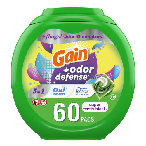 Gain Gain Flings Odor Defense Laundry Detergent Pacs, 60 Ct, Super Fresh