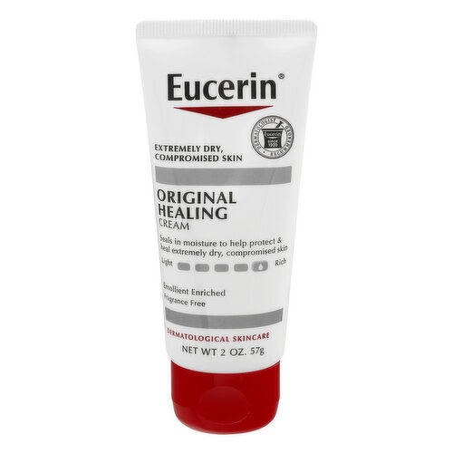 Seals in moisture to help protect & heal extremely dry, compromised skin. Emollient enriched. Fragrance free. Eucerin skin science that shows. Eucerin, with 100% years of skin science innovation, offers a complete range of clinically proven solutions for specific skin needs, backed by an uncompromising commitment to quality that's why Eucerin is recommended by Dermatologists worldwide. Eucerin Orginal Healing Cream - a long lasting rich formula that helps heal very dry, compromised skin. Emollient enriched; leaves a soothing layer on skin to lock in moisture. Moisturizes to protect and help heal very dry, compromised skin. Won't clog pores. Dermatologist recommended brand. Delivers long-lasting hydration Fragrance, dye and paraben-free. www.EucerinUS.com. Learn more at www.EucerinUS.com. Questions or comments? 800-227-4703. Also try Eucerin original healing lotion. Made in Mexico.