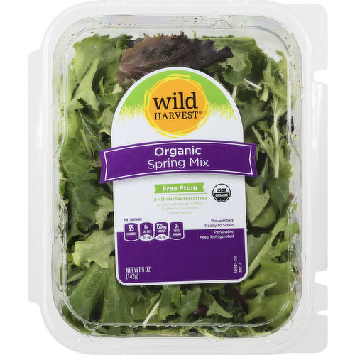 Per 1 Container: 35 calories 0 g sat fat (0% DV); 150 mg sodium (7% DV); 0 g total sugars. USDA Organic. Certified Organic By CCOF. Free from: Artificial preservatives. Grown without persistent synthetic pesticides or Fertilizers. Pre-washed. Ready to serve. Thoroughly washed. mywildharvest.com. Please recycle. Produce of USA.
