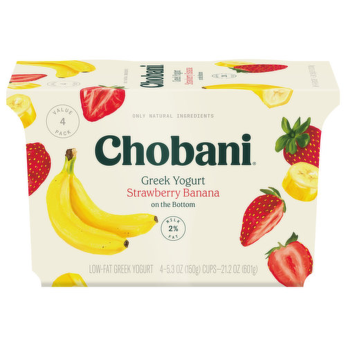 Chobani Yogurt, Greek, Low-Fat, Strawberry Banana on the Bottom, Value 4 Pack