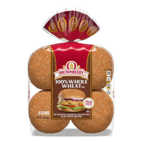 Brownberry 100% Whole Wheat Whole Wheat Pre-sliced Hamburger Buns, 8  count, 16 oz