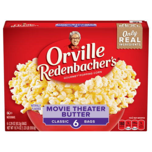 Naturally flavored. No artificial preservatives flavors or dyes. Per 2 Tbsp Unpopped: 160 calories; 5 g sat fat (25% DV); 340 mg sodium (15% DV); 0 g total sugars. 100% whole grain. 0 g trans per serving. See nutrition information for fat, saturated fat and sodium content. Gluten free. Made with non-GMO popcorn. Only real ingredients. Microwave. Colored with annatto, turmeric & paprika. 100% ingredients from natural sources. You'll like it better or my name isn't - Orville Redenbacher. www.orville.com. how2recycle.info. SmartLabel: Scan for more food information. Facebook. Instagram. Questions or comments, visit us at www.orville.com or call Mon-Fri, 1-800-243-0303 (except national holidays). Please have entire package available when you call so we may gather information off the package. Visit www.orville.com.