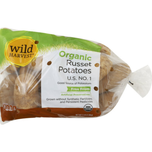 US No. 1. Good source of potassium. Free from: artificial preservatives. Grown without synthetic fertilizers and persistent pesticides. USDA Organic. Per 1 Medium Potato: 110 calories; 0 g sat fat (0% DV); 0 mg sodium (0% DV); 1 g sugars. Live free with Wild Harvest. Wild Harvest is a complete selection of products that are free from more than 100 artificial preservatives, flavors, colors, sweeteners and additional undesirable ingredients. Our products are pure and simple because they're flavored and colored by nature and created to support your family's healthy and active lifestyle. People of all ages love the taste of Wild Harvest foods. To learn more about Wild Harvest products, including our full line of organic products, and for more recipes, please visit www.wildharvestorganic.com. Certified organic by California Certified Organic Farmers. 100% Quality Guaranteed. Like it or let us make it right. That's our quality promise. www.mywildharvest.com. Please recycle. Product of USA.