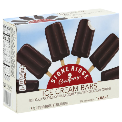 Artificially flavored vanilla ice cream with a thick chocolaty coating. Per 2 Bars: 280 calories; 15 g sat fat (75% DV); 65 mg sodium (3% DV); 27 g total sugars. At Stone Ridge Creamery we know that nothing compares to the enjoyment of your favorite ice cream treat. A warm breeze, some change in your hand, and the sound of the ice cream truck approaching can really take you back. Remember the excitement of running out to meet it and choosing a favorite sweet treat? Now, bring that feeling home to share with family and friends. Whether you prefer our ice cream sandwiches, bars or cones, we're sure you'll find a smile in every bite. At Stone Ridge Creamery it's summer all year long. 100% quality guaranteed. Like it or let us make it right. That's our quality promise. supervaluprivatebrands.com. Product of USA.