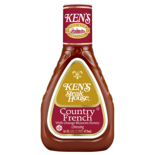 Gluten free. Distinctive orange blossom honey and aromatic vinegars mingle for a creamy country fresh flavor you'll come back to time and again. Kens a family owned company. Satisfaction guaranteed or your money back. www.kensfoods.com. Questions/Comments? Please include complete best when purchased by date. Call 1-800-645-5707 M-F 9AM - 5PM EST. www.kensfoods.com. Product of USA.