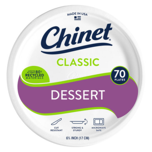 Chinet Classic® dessert Plates are cut resistant, microwave safe, strong & sturdy and made with at least 80% recycled material.