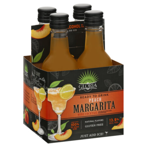 Wine cocktail. Natural flavors. Agave wine with natural flavors and certified color. Gluten-free. Just add ice! Hand crafted. Ready to drink. Made with 100% de agave wine. The Story of Margarita: Mexico 1938: The original margarita was invented at the Rancho La Gloria hotel. Enjoy this authentic recipe! 13.9% Alc./Vol. 27.8 Bottled by Rancho La Gloria, Modesto, California.