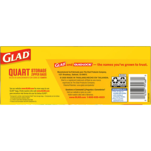 Glad Zipper Freezer Bags, Quart Size, Plastic Bags