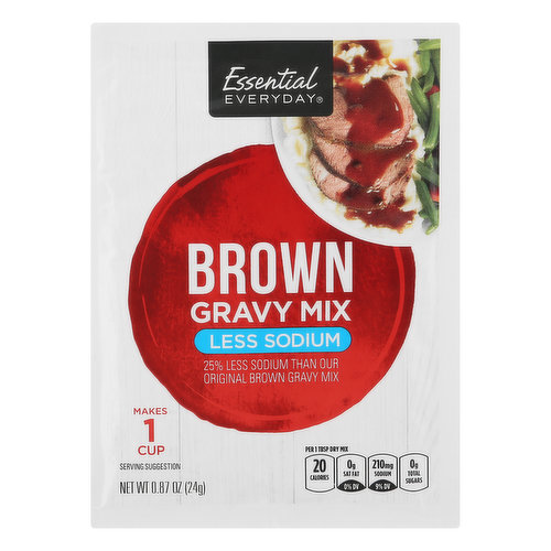 Per 1 tbsp Dry Mix: 20 calories; 0 g sat fat (0% DV); 210 mg sodium (9% DV); 0 g total sugars. 25% less sodium than our original brown gravy mix. This product contains 210 mg sodium; our regular product contains 290 mg of sodium per serving. Contains bioengineered food ingredients. Makes 1 cup. 100% Quality Guaranteed: Like or let us make it right. That's our quality promise. essentialeveryday.com.