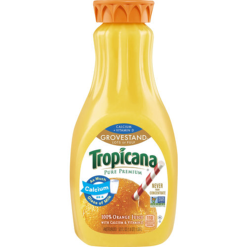 100% orange juice with calcium & vitamin D. 110 calories per 8 fl oz serving. Calcium + vitamin D. Calcium as as much a glass of milk. Non-GMO project verified nongmoproject.org. Pasteurized. Never form concentrate. Lots of pulp. Tropicana.com. Questions or comments? Call 1-800-237-7799. Visit Tropicana.com for more nutrition information. Please recycle. Contains orange juice from U.S. and Brazil.
