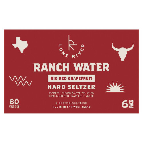 Lone River Ranch Water hard seltzers were inspired by the Far West Texas cocktail (tequila, soda & lime juice) that has long been a staple in the area, and made with agave nectar and real lime juice (from concentrate). Lone River Rio Red Grapefruit Ranch Water is a crisp, refreshing-tasting seltzer with a Texas-sized squeeze of grapefruit (the state fruit of Texas). Please enjoy responsibly.