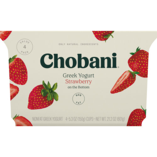 Chobani Yogurt, Greek, Nonfat, Strawberry on the Bottom, Value 4 Pack