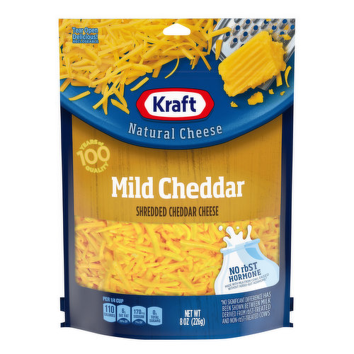 Shredded cheddar cheese. Per 1/4 Cup: 110 calories; 6 g sat fat (29% DV); 170 mg sodium (7% DV); 0 g total sugars. Contains 0 g lactose per serving. No rbST hormone. Made with milk from cows raised without added rbST hormone (No significant difference has been shown between milk derived from rbST-treated and non-rbST-treated cows). 100 years of quality. Family greatly. Kraftheinzcompany.com. 1-800-634-1984, have package available. Tear open delicious! Reclosable. ZipPak.