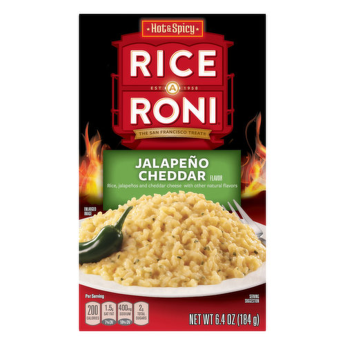 Rice, Jalapenos and cheddar cheese with other natural flavors. Per Serving: 200 calories; 1.5 g sat fat (7% DV); 400 mg sodium (18% DV); 2 g total sugars. Est. 1958. The San Francisco treat. Package contains empty space to accommodate grain to seasoning ratio. This package is sold by weight, not by volume. Some settling of contents may have occurred during shipment and handling. Quality guaranteed. ricearoni.com/recipes. SmartLabel: Scan for more food information or call 1-800-421-2444. Find more ideas at ricearoni.com/recipes. We're here to help. pastaroni.com or 800-421-2444. Please have package available when calling. Try Pasta Roni for another easy homemade entree.