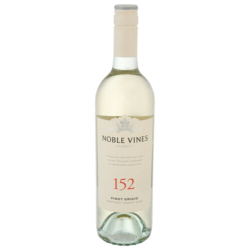 The legacy of the world's noblest vines is written in numbers. These numbers identify superior vine stocks that produce exceptional wines. Noble Vines Collection. Behind these red numbers is a noble legacy. Pinot Grigio 152 vine stock originated in the great vineyards of Alsace, France, where the variety holds a designation as one of the region's four officially noble grapes. Esteemed by nobility for centuries, certain superior vine stocks has proved their exceptional quality over time. Noble Vines takes the best of these vine stocks - identified today by number - and cultivates them in California. Grown on our estate in vineyard in Monterey County, California, it yields a crisp, medium-bodied wine with silky peach, green apple and tangerine flavors. Pair with chicken, seafood and light pastas. Sustainability - Quality - Family. NobleVines.com. Alcohol 13.5% by volume. 27 Vinted and bottled by Noble Vines Manteca, California.