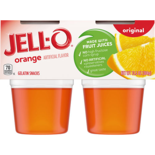 Artificially Flavored. 70 calories per snack. Made with fruit juices. No high fructose corn syrup. No artificial: Preservative, sweeteners. Great taste. jell-o.com. Visit us at: jell-o.com. 1-800-431-1001