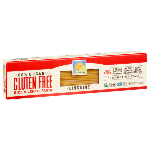 8 grams protein per serving. 100% organic. USDA Organic. Certified Organic by QAI. Certified Gluten-free. Produced in a dedicated gluten free facility. Free of milk, eggs, fish, shellfish, tree nuts, peanuts, gluten, and soy. No soy, starch or gums. Non GMO Project verified. nongmoproject.org. Rice & lentil pasta. New recipe. Same great texture. Top 8 allergen free. Gluten free pasta from Tuscany. True texture: With added protein and the mild, pleasant flavor of yellow lentils, this pasta cooks up firm and tastes great with any sauce. Low-temperature drying: Slow, low-temperature drying preserves the light and pleasing flavor of our gluten free pasta. Made by artisan: Crafted in Tuscany by a family who began producing pasta in 1887 and gluten free in 1970. www.bionature.com. 100 plastic-free packaging. See side panel for disposal instructions (Before recycling the paper box, detach the windows which is 100% home compostable and biodegradable). Product of Italy.