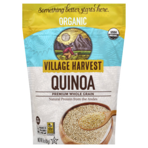 Something better starts here. Village harvest rice & grains. We're invested in making change at every turn. From an inspired new dish to new ways to help the farmer, Village Harvest plays a big part in making things a little better. It's more than just rice and grains, it's about discovering new possibilities at home in the kitchen, or thousands of miles away in the fields. Every day we're planting seeds of change and growing possibilities, one bag of goodness at a time. Village Harvest travels high into the Andes to harvest our quinoa. The Incas called quinoa the mother of grain and fed it to their warriors before battle. Now people refer to it as a super grain since it offers a healthy balance of essential amino acids. Each of these nicknames is slightly off. Quinoa is actually a seed-not a grain-from a plant related to spinach beets and Swiss chard. Call it what you will, we'll just call it delicious. Fully cooked in approximately 10 minutes, it has a pleasant fluffy consistency and delicate, slightly nutty flavor. Organic. USDA Organic. Naturally gluten free. Natural protein from the Andes. CCOF Organic. Organic is Non-GMO & more. 100% Whole Grain: 47 g or more per serving. Eat 48 g or more of whole grains daily. WholeGrainCouncil.org. Facebook. Instagram. Pinterest. www.VillageHarvestRice.com. Product of Peru or Bolivia.