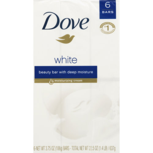 Beauty bar with deep moisture. 1/4 moisturizing cream. No.1 dermatologist recommended. Dove is not a soap. It's a beauty bar. The secret to beautiful skin is everyday moisture and no other bar hydrates skin better than Dove. With 1/4 moisturizing cream, this beauty bar cares for your skin leaving it soft and smooth. It's a simple daily step to reveal beautiful, radiant skin. Dove does not dry your skin like ordinary soap. Not for individual sale. www.dove.com. Call: 1-800-761-Dove.