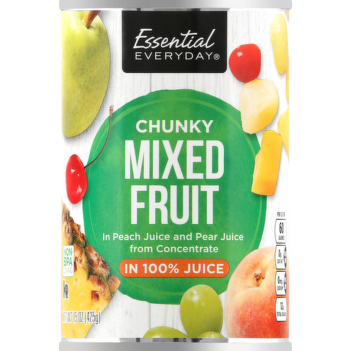 In peach juice and pear juice from concentrate. Per 1/2 Cup: 60 calories; 0 g sat fat (0% DV); 0 mg sodium (0% DV); 12 g total sugars. 100% satisfaction guarantee. Like it or let us make it right. That's our quality promise. essentialeveryday.com.  Non BPA lining (Can liner not derived from bisphenol-A (BPA)). 100% recyclable. Steel please recycle. Product of USA. Cherries from Bulgaria, Chile, USA, Pineapple from Indonesia, Malaysia, Philippines, Thailand.