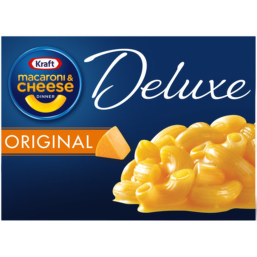 Kraft Deluxe Original Cheddar Macaroni & Cheese Dinner is an easy dinner for the whole family to enjoy. Made with real cheese, kids and adults love the rich taste and creamy texture of elbow macaroni with cheesy goodness. Each box includes elbow pasta and original cheddar cheese sauce so you have everything you need to make a quick macaroni and cheese dinner. With no artificial flavors or artificial dyes, Kraft Deluxe mac and cheese always makes a good family dinner. Preparing boxed Kraft Deluxe mac and cheese is a breeze. Just boil the pasta for 11 to 12 minutes, drain the water and stir in the cheese mix. Try dressing up this dish by adding broccoli, chicken or ham and peas, or use it as a delicious topping on a mac and cheese pizza. One 14 ounce box makes about 4 servings.