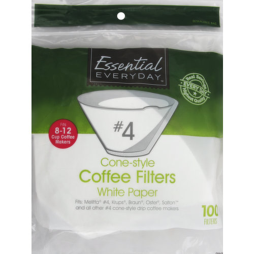Fits 8-12 cup coffee makers. Real savings. Highest quality. Every day. Fits: Melitta No. 4 Krups, Braun, Oster, Salton, and all other No. 4 cone-style drip coffee makers. Great products at a price you'll love - that's Essential Everyday. Our goal is to provide the products your family wants, at a substantial savings versus comparable brands. We're so confident that you'll love Essential Everyday, we stand behind our products with a 100% satisfaction guarantee. Essential Everyday coffee filters virtually eliminate unwanted sediments and coffee oils. Real savings. Highest quality. Every day. www.essentialeveryday.com. Product of USA.