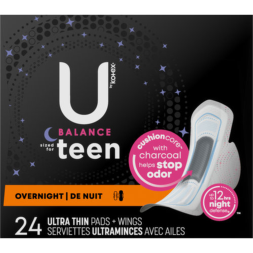 U by Kotex Balance Sized for Teens Ultra Thin Overnight Pads with Wings, 24  Count (Packaging May Vary) : : Health & Personal Care