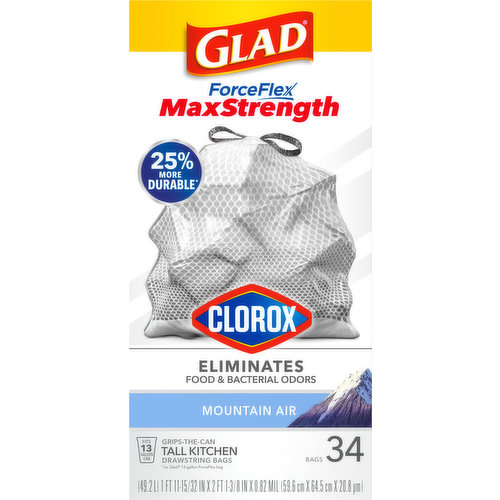 Glad Tall Kitchen Trash Bags ForceFlexPlus with Clorox, 13 Gallon