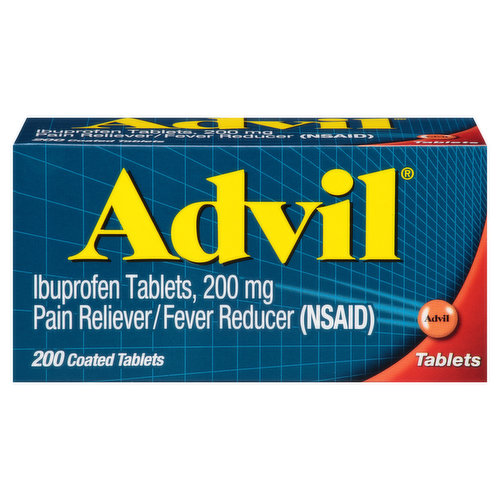 Advil stops pain where it starts, providing a powerful pain reliever. Whether you have a headache, muscle ache, backache, toothache, menstrual pain, minor arthritis and other joint pain, or aches and pains from the common cold, Advil brings relief where you need it. This pain medicine and fever reducer is scientifically designed to block the chemicals in the body that cause pain and fever. Each tablet contains ibuprofen 200mg, a non-steroidal anti-inflammatory drug (NSAID). Coated Advil tablets are easy to swallow, providing relief that lasts for up to 6 hours. One Advil is all it often takes for headache relief, muscle ache relief, joint pain relief or minor arthritis pain relief, and the medicine in Advil is what doctors use most for their own aches and pains. The world's best-selling ibuprofen brand, Advil has provided safe, effective pain relief for over 35 years. Nothing's stronger on tough pain than Advil.*
*Among non-prescription analgesics