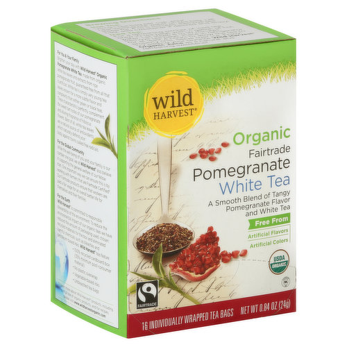 A smooth blend of tangy pomegranate flavor and white tea. Free From: artificial flavors; artificial colors. USDA organic. Fairtrade. For You & Your Family: Brighten your day with Wild Harvest Organic Pomegranate White Tea, made from organic white tea leaves and extracts from ripe pomegranate fruit, guaranteed free from all that is artificial. White tea is simply very young tea leaves known for more subtle flavor and complexity then either green or black teas. These characteristics perfectly complement the sweet tart notes of our pomegranate and alluring fragrance of hibiscus flowers. Best of all, white tea leaves are a natural source of antioxidants, which naturally defend your body against toxins called free radicals. For the Global Community: While the well-being of you and your family is our number one goal, we at Wild Harvest also believe in supporting the general welfare of our fellow man. One important way we can ensure this is by working with famers that are Fairtrade certified. Our Fairtrade products ensure that workers are paid a fair wage for an overall better live for themselves and their families. Fo the Earth: Wild Harvest is committed to responsible stewardship of the environment. To reduce the environmental impact of our organics teas we have reduced at the amount of packaging used, chosen recycled materials for the box and eliminated harmful chemicals such as bleaches and petroleum-based inks. Wild Harvest teas feature: 100% recycled cardboard box (35% minimum post-consumer material); no plastic overwrap; vegetable-based inks; unbleached tea bags. To learn more about Wild Harvest products, including our full line of organic products, and for recipes please visit www.wildharvestorganic.com. Live Free with Wild Harvest: Wild Harvest is a complete selection of products that are free from more than 100 artificial preservatives, flavors, colors, sweeteners and additional undesirable ingredients. Our products are pure and simple because they're flavored and colored by nature and created to support your family's healthy and active lifestyle. People of all ages love the taste of Wild Harvest. Ingredients traded in compliance with Fairtrade standards, total 94%. Visit info.fairtrade.net. Certified Organic: Quality Assurance International. Certified organic by Quality Assurance International. Eco-friendly packaging. Please recycle. Supervalu quality guaranteed. We're committed to your satisfaction and guarantee the quality of this product. Contact us at 1-877-932-7948, or www.supervalu-ourownbrands.com. Please have package available. Fairtrade: By choosing this Fairtrade product you are directly supporting a better life for farming families through fair prices, direct trade, community development and environmental stewardship. www.fairtrade.ca. Packed in Canada.