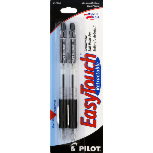 Feel me! Retractable - No cap to lose. Rubber grip ball point pen. Available in assorted ink color with fine and medium points. Refillable - Use the Dr. Grip Refill (hashtag)BRFS2. Pilot perfection replacement guarantee (See website for details). Pilot perfection replacement guarantee (See website for details). www.pilotpen.us. Made in USA.