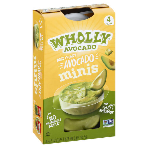 Gluten free. Non GMO Project verified. nongmoproject.org. 100% chunky. No preservatives added! No guac! Just avocados. Nuthin' but goodness. Oh how yummy get in my tummy! Take me with you! I love to travel. Made with hand scooped hass avocados. Eat some, freeze some! www.eatwholly.com. how2recycle.info. Twitter; Instagram: (at)eatwholly. Facebook; Pinterest: Wholly Guacamole. For even more ideas visit eatwholly.com. Try these other flavors! Guacamoles Spicy Minis. Guacamole Spicy. Sustainable Forestry Initiative: Certified sourcing. www.sfiprogram.org. Product of Mexico.