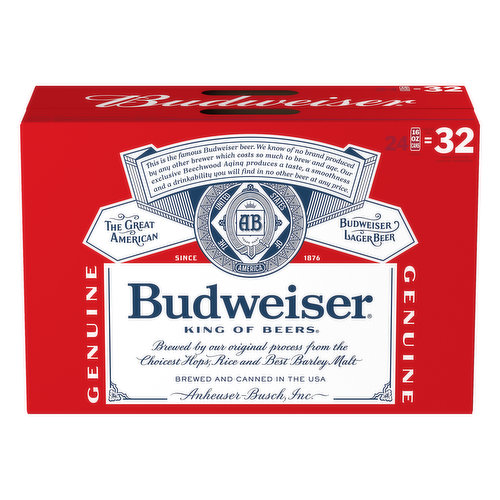 King of beers. This is the famous Budweiser beer. We know of no brand produced by any other brewer which costs so much to brew and age. Our exclusive beechwood aging produces a taste, a smoothness and a drinkability you will find in no other beer at any price. The great American Budweiser lager beer. Brewed by our original process from the choicest hops, rice and best barley malt. 24 (16 oz cans inside) = 32 regular 12 oz cans of Budweiser. Brewed and canned in the USA.