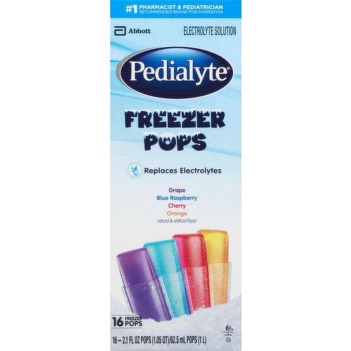Grape. Blue Raspberry. Cherry. Orange. Natural & artificial flavor. One Liter of Pedialyte Freezer Pops (16 Pops) Provides: sodium, 45 mEq; potassium, 20 mEq; chloride, 35 mEq. Electrolyte solution. Replaces electrolytes. Trusted by doctors and hospitals since 1966. Designed for fast, effective rehydration. Pedialyte is designed to prevent dehydration (For mild to moderate dehydration) more effectively than common beverages. Pedialyte quickly replenishes fluids and electrolytes to help prevent dehydration due to: vomiting & diarrhea; heat exhaustion; intense exercise; travel. Use Pedialyte rather than juices, sodas, or sports drinks, which contain too much sugar and can make diarrhea worse. www.Pedialyte.com. Questions or comments? Call 1-800-986-8441. Visit us at www.Pedialyte.com.
