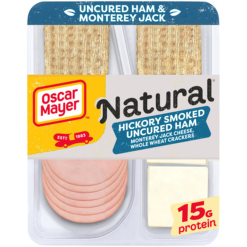 The natural way to snack on the go. Oscar Mayer Natural Meat & Cheese Snack Plate with Uncured Hickory Smoked Ham, Monterey Jack Cheese & Whole Wheat Crackers is a quick and delicious snack. Our snack tray comes with slices of uncured hickory smoked ham, Monterey Jack cheese and whole wheat crackers. Each natural meat and cheese plate is free of artificial ingredients. Every snack plate has 15 grams of protein and 270 calories per tray. Enjoy a convenient bite to eat with uncured hickory smoked ham slices for the ideal midday snack when work keeps you busy. Ready to eat straight from the fridge, keep our fully cooked 3.3-ounce meat and cheese plate refrigerated at all times.