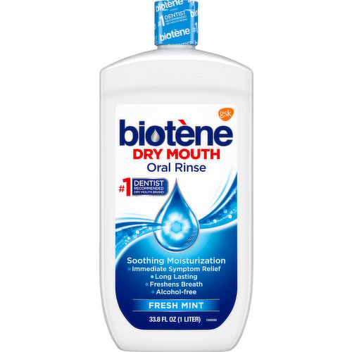 No. 1 dentist recommended dry mouth brand. Sooothing moisturization. Immediate symptom relief. Long lasting. Freshens breath. Alcohol-free. An Oral Rinse with a soothing gentle feel that helps clean, refresh, and relieve dryness and helps soothe oral tissues. Biotene contains a combination of moisturizers and lubricants to provide immediate and long-lasting dry mouth symptom relief for up to 4 hours (as measured in a 28 day clinical study). Questions or Comments? 1-800-922-5856. Also look for other biotene products including biotene toothpaste, biotene oralbalance Gel, biotene Mouth Spray. Biotene products are specially formulated for individuals who experience dry mouth symptoms. Made in Canada.
