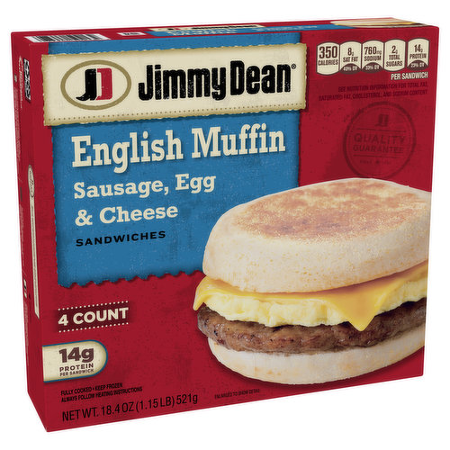 Conquer every morning with Jimmy Dean English Muffin Sandwiches. Savory sausage, fluffy eggs, and melty cheese come together on a toasty English muffin for a breakfast sandwich so good you'll want to start your day over again. Packed with 13 grams of protein per serving, our Sausage, Egg & Cheese English Muffin Sandwich gives you more fuel to power your morning. Simply microwave and serve for a delicious breakfast at home or on-the-go. Includes 4 individually wrapped sandwiches. Jimmy Dean once said, 'Sausage is a great deal like life. You get out of it what you put in.' Which pretty much sums up his magic formula for having a great day. Today, Jimmy Dean Brand brings you many ways to add some sunshine to your morning. Because today's your day to shine on.